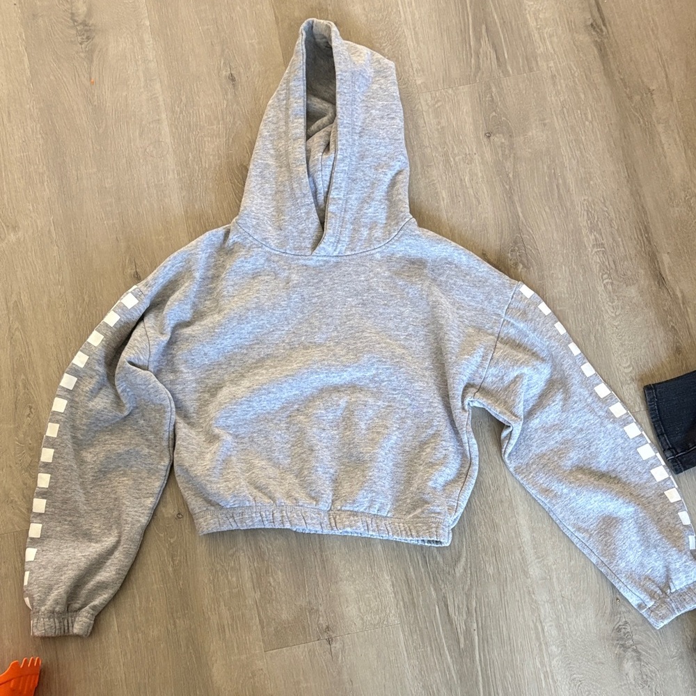 Reflex Gray Cropped Hoodie with Checker Sleeve Detail